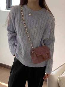 Jersey con bordado con estampado de animal de hombros caídos tejido de cable - Gris - Ver 2