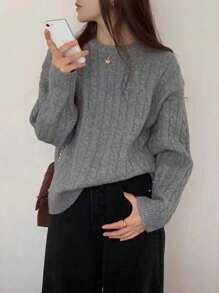 Jersey con bordado con estampado de animal de hombros caídos tejido de cable - Gris - Ver 3