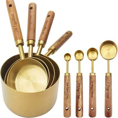 8 Pieces Set: Rosewood Handled Gold Stainless Steel Measuring Cup And Spoon