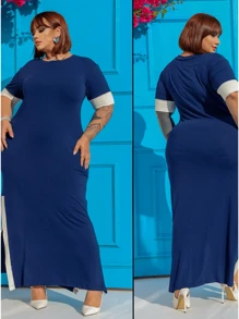 Plain Long Dress Large Comfortable Mesh With Sleeves Casual Modern Loose - 藏蓝色 - 查看 1