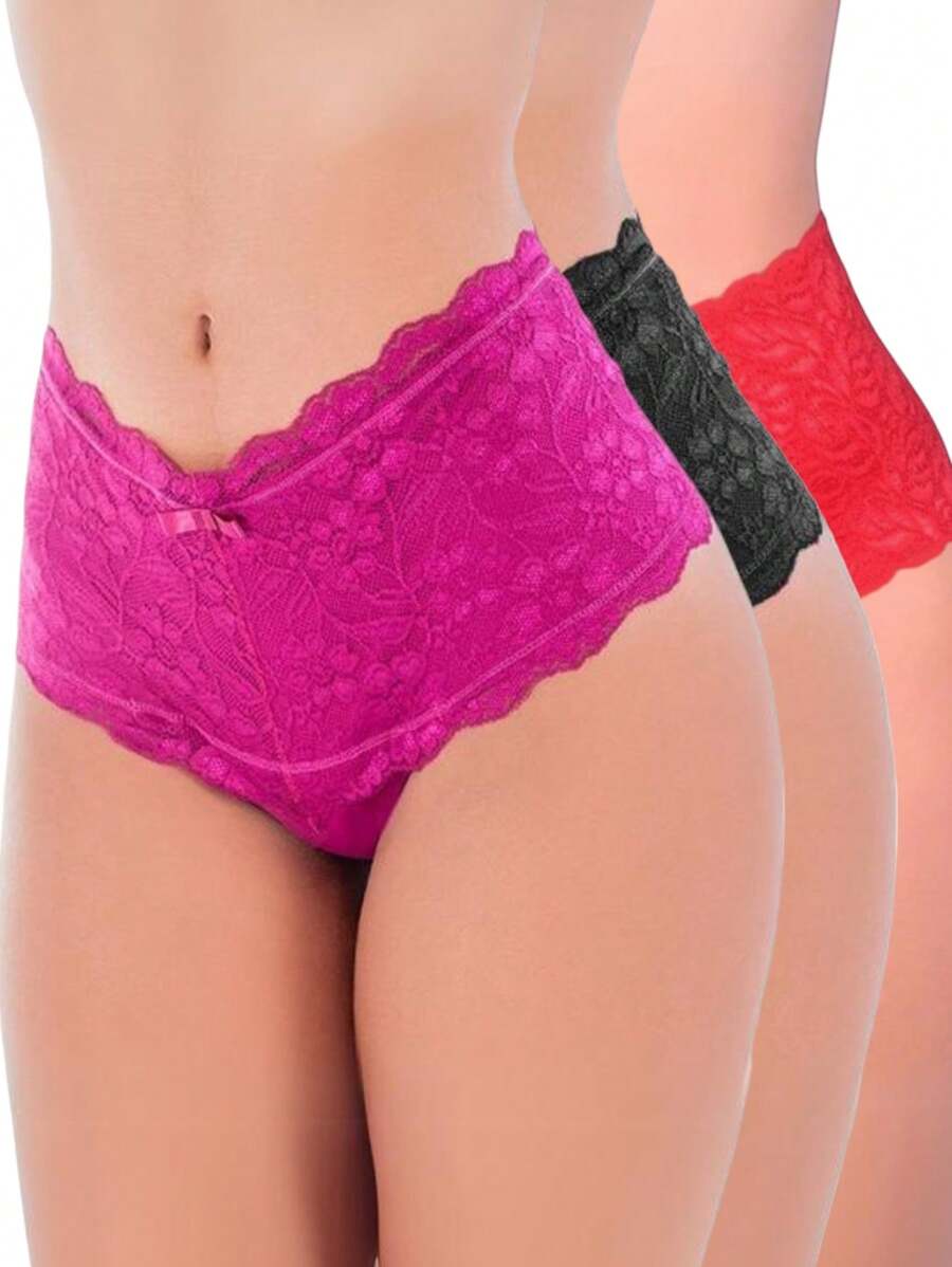 Kit 3 Lace Strap Panties Romantic High Waist Sensual Comfort High Waistband Women's Lingerie - 彩色 - 查看 1