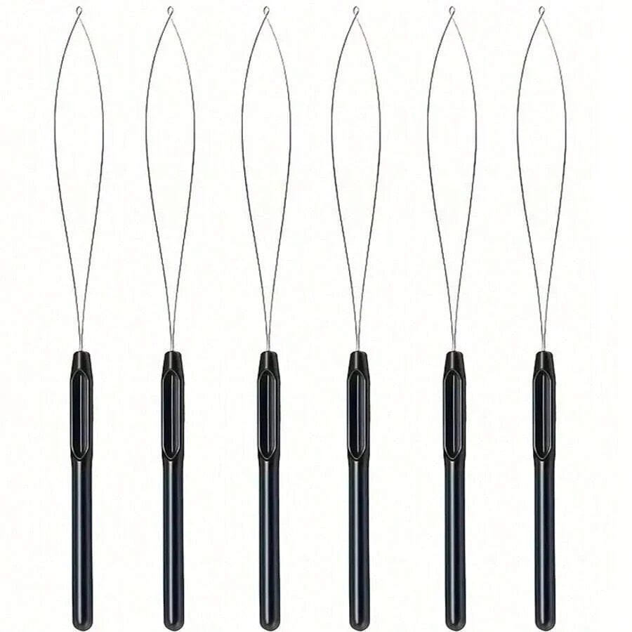 6 pièces Kit d'outils pour extensions de cheveux - aiguilles en acier inoxydable noir avec poignées en plastique colorées pour le perçage et le tissage, idéal pour les extensions de cheveux naturels ou synthétiques. Pinces à cheveux pour l'artisanat, fournitures de tressage de cheveux - Noir - Voir 1