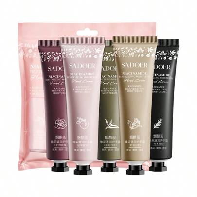 طقم كريم اليد العطري الأنيق 5قطع، مرطب، يحتوي على حمض الهيالورونيك والسكوالان، حجم صغير