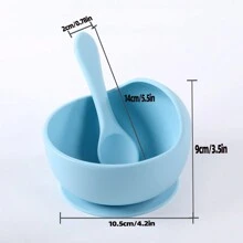 1 Set Baby Feeding Bowl And Spoon Set, Silicone Suction Bowl With Training Spoon, Children Tableware - Blue - View 2