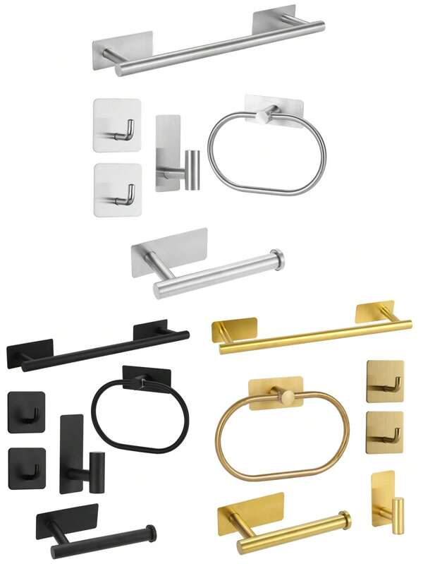 6 piezas/set de accesorios de baño sin taladro - Toallero, Anillo para toalla, Portarrollos de papel higiénico, Gancho para bata, Montado en la pared