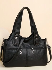 多口袋钱包和手提包 柔软皮革单肩包 奢华设计师斜挎包 优雅托特包 女士 2024 - 黑色 - 查看 2