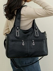 多口袋钱包和手提包 柔软皮革单肩包 奢华设计师斜挎包 优雅托特包 女士 2024 - 黑色 - 查看 8