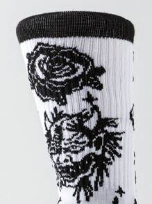 1双男女通用街头时尚滑板篮球嘻哈袜，设计师新奇趣味疯狂袜子，饰有恶魔玫瑰图案 - 彩色 - 查看 3