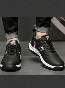 Zapatillas de tenis casuales para hombres, suela antideslizante de color sólido con cordones Zapatillas para correr en pareja - Negro - Ver 6