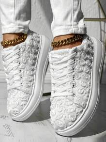 Women's Bridal 3D Floral White Sneakers, Lace-Up Platform Running Shoes, Low Vamp Casual Shoes For Wedding Season - White - View 2