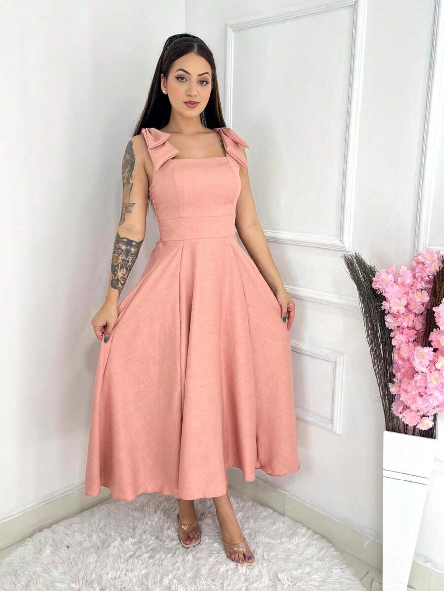 Vestido midi luxo lisa duna linho com laço na manga