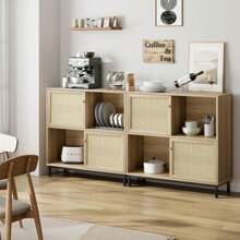 Sideboard Anrichte mit 2 Türen aus Rattan, Buffetschrank Aufbewahrungsschrank Holz Kommode mit offene Ablage Küchenschrank Standschrank, 101x 94x 30 cm Eiche - Gelb - Übersicht 6