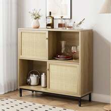 Sideboard Anrichte mit 2 Türen aus Rattan, Buffetschrank Aufbewahrungsschrank Holz Kommode mit offene Ablage Küchenschrank Standschrank, 101x 94x 30 cm Eiche - Gelb - Übersicht 4