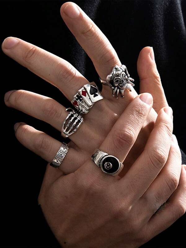 Set de 5 anillos con diseño de garra de esqueleto estilo gótico, accesorios de disfraz para fiestas y vacaciones de hombres