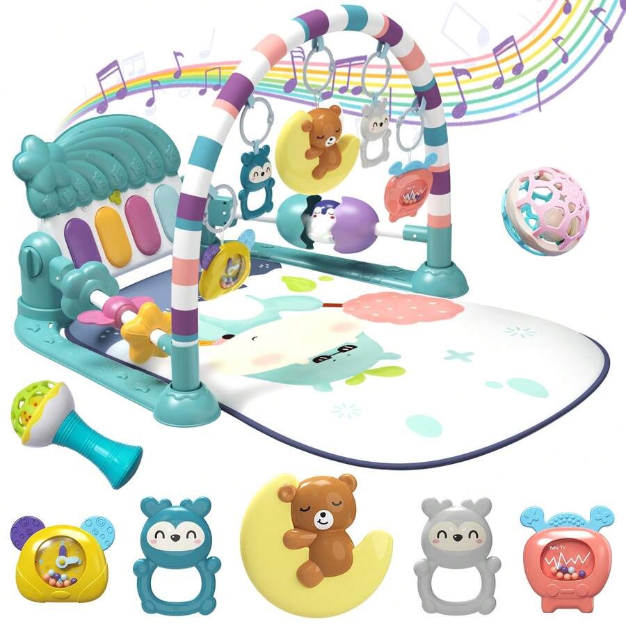 ESOLOM Baby Gym Play Mats Baby Toys Tummy Time Mat Toys Musical Activity Center For Newborn Infant Toys Piano Baby Play Mat Music & Light Newborn Infant Gifts For Baby Toys 0-3 6 9 12 Months As Christmas, Halloween, Thanksgiving Gift (Hippo)