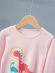 年轻女孩恐龙印花睡衣套装，长袖上衣和裤子，卡通印花，秋季 - 粉色 - 查看 3