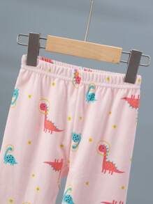 年轻女孩恐龙印花睡衣套装，长袖上衣和裤子，卡通印花，秋季 - 粉色 - 查看 6