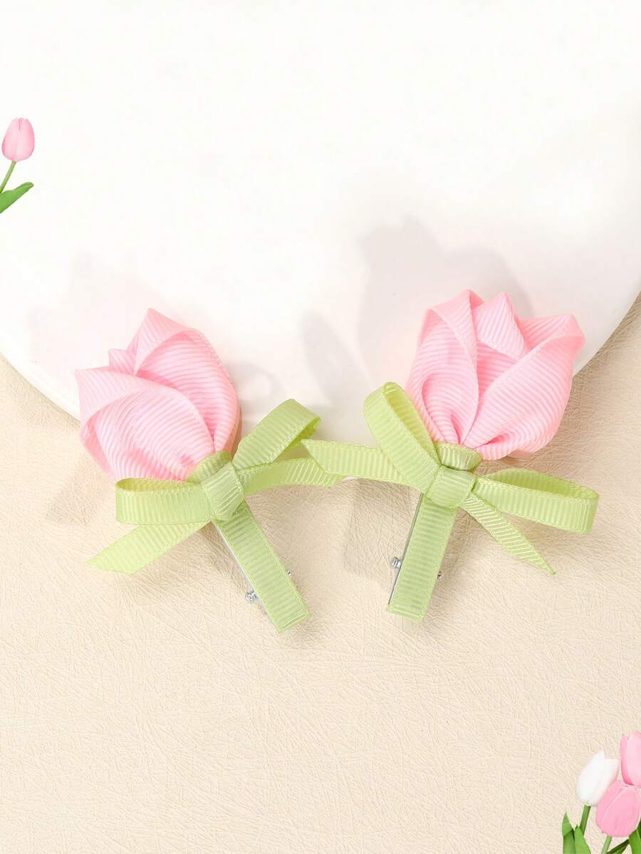 2个粉色花朵发夹,优雅郁金香花朵鳄鱼夹,可爱花朵发卡,缎带发夹,女孩日常发饰,儿童宝宝发饰,情人节爱心发夹 - 彩色 - 查看 1