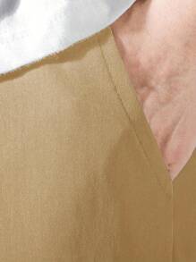 Men's Solid Color Drawstring Cargo Pants With Flap Pockets, Versatile Casual Outdoor Pants - 米色 - 查看 3