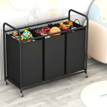 Giỏ đựng đồ giặt 3 túi, giỏ đựng đồ giặt, xe đẩy sắp xếp đồ giặt, có bánh xe có thể khóa chịu lực và túi có thể tháo rời, áo mùa xuân, tối giản, mùa hè - màu đen - Xem 3