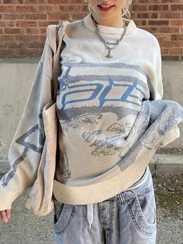 Suéter casual de moda para mujer, estilo streetwear Y2K para otoño/invierno, suave y agradable a la piel, con patrón de retrato de bloques de color, cuello redondo, manga larga, jersey de punto, ropa de mujer para otoño, ropa de mujer para invierno, blusas de otoño para el lugar de trabajo/oficina, ropa casual de negocios para mujer