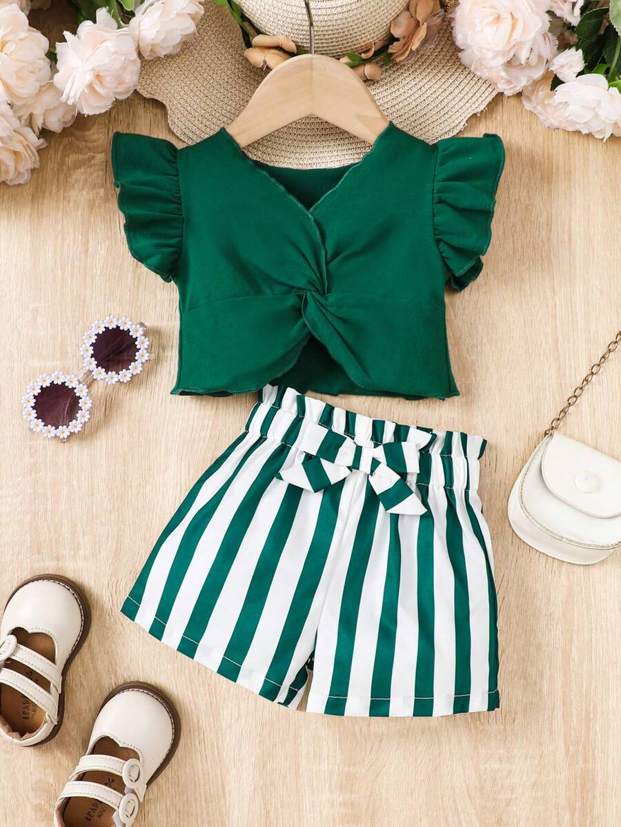 2pcs Fashion Baby Girls Flutter Sleeve Top And Shorts Set - Green - View 1