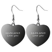 Customized Black & White Photo Black Stainless Steel Heart Earrings With Engraved Text On Back - Family, Pet, Child Photo, Name, Date, Holiday/Birthday Gift Valentines - Black - View 8