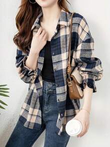 Women's Classic All-Season Wear Top, Checkered Long Sleeve Button-Down Casual Shirt For Spring
