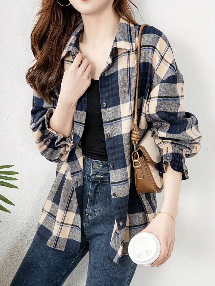 Women's Classic All-Season Wear Top, Checkered Long Sleeve Button-Down Casual Shirt For Spring