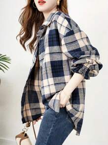 Women's Classic All-Season Wear Top, Checkered Long Sleeve Button-Down Casual Shirt For Spring
