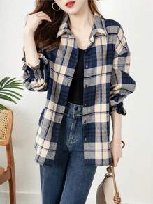Women's Classic All-Season Wear Top, Checkered Long Sleeve Button-Down Casual Shirt For Spring