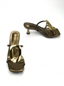 Women's Elegant Chic Gold Hardware Decor Bronze Metallic Fabric Comfy Pointy Toe Dailywear & Party Stiletto High Heel Mule Sandals