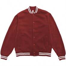 Men's Plain Varsity Jacket Soft Fleece Casual Stand Collar Solid Baseball Striped Flight Keep Warm Jacket - Burgundy - View 1