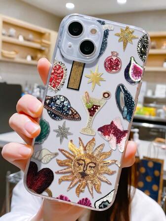 1 件拼贴图案透明 TPU 防摔防指纹保护手机壳适用于 防水防震防刮