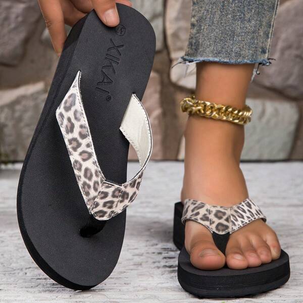 Women's Leopard Print Fashion Flip Flops, Thick Wedge Heel Dress Sandals, Non-Slip For Party/Outdoor, Casual Holiday Shoes