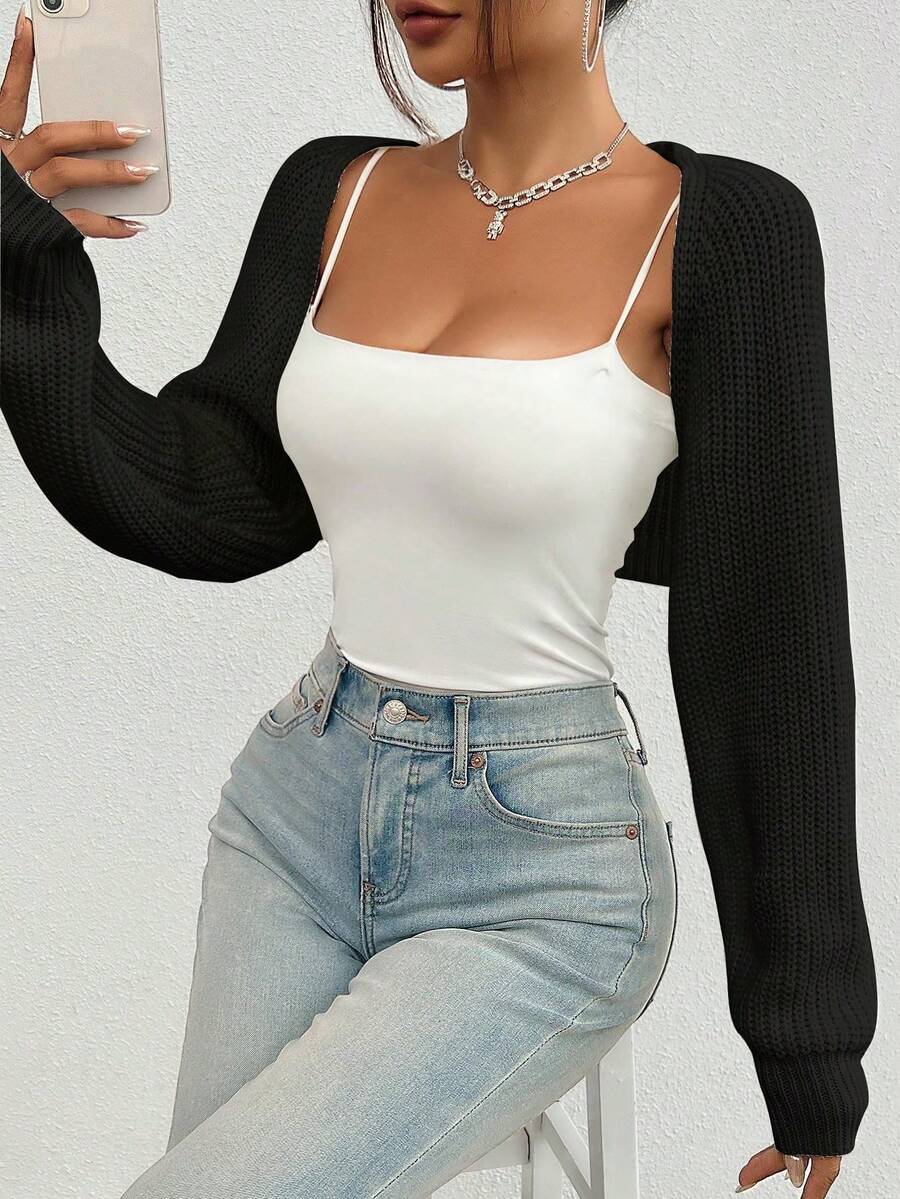 Women's Solid Color Ribbed Knit Sleeveless Cropped Cardigan For Fall/Winter,Long Sleeve Tops