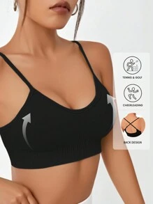 Yefecy 1pc Yoga Solid Ribbed Knit Crisscross Back Sports Bra,Spring And Summer - Black - View 2