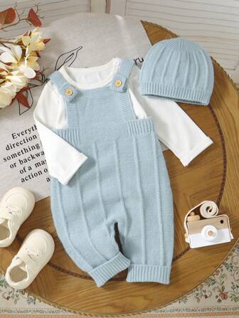 2pcs/Set Infant Fashionable Knitted Romper & Overalls Lightweight & Soft One-Piece Seamless Jumpsuit With Detachable Hat, Casual And Comfortable