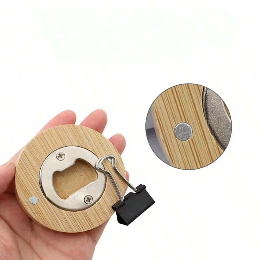 1PC Round Wooden Bottle Opener Tape Refrigerator Stainless