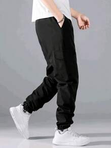 Men's Solid Color Drawstring Cargo Pants With Flap Pockets, Versatile Casual Outdoor Pants - màu đen - Xem 2