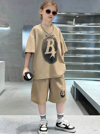 Boys' Summer Short Sleeve T-Shirt And Shorts Set, Sporty Casual Comfortable Fashionable Teen Boys' Loose Print Short Sleeve Shorts Outfit