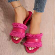 Women's Slip-On Sandals With Tassel & Straw Fabric - Perfect Summer Footwear - Màu Hồng Tươi - Xem 10