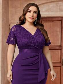 Đầm dự tiệc cỡ lớn cổ chữ V, ren hoa, tay áo và gấu đầm xếp ly, ôm sát người, thích hợp cho tiệc cưới bán trang trọng, sinh nhật, lễ tốt nghiệp, dạ hội, tiệc cocktail. - Màu tím - Xem 9