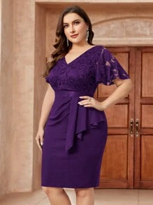 Đầm dự tiệc cỡ lớn cổ chữ V, ren hoa, tay áo và gấu đầm xếp ly, ôm sát người, thích hợp cho tiệc cưới bán trang trọng, sinh nhật, lễ tốt nghiệp, dạ hội, tiệc cocktail. - Màu tím - Xem 6