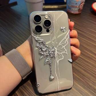 Handmade DIY 3D Hand-Painted Silver-White Big Angel Butterfly Phone Case Compatible With IPhone 11/12/13/14/15 Pro/Plus/Pro Max, Gothic Punk Dark Style, Camera Protection, Niche Couple Design