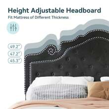Full/Queen/King Size Bed Frame With Adjustable Velvet Tiara Headboard, Upholstered Diamond Button Tufted Platform Bed, Wood Slats Support, No Box Spring Needed, Black/Grey/White - 黑色 - 查看 6