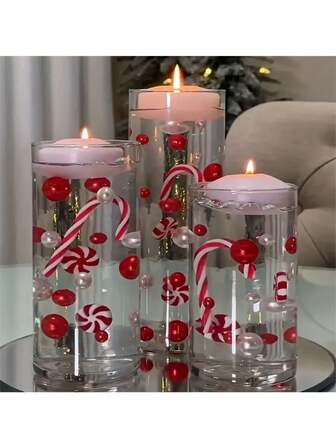 1 set Decoraciones de perlas redondas y bastones de caramelo para centros de mesa con velas flotantes, decoración de mesa, boda, despedida de soltera, compromiso, cumpleaños, aniversario, suministros para fiestas y accesorios navideños estacionales - No se necesita electricidad, Decoraciones navideñas, Decoraciones navideñas rosas, Decoraciones navideñas para el hogar