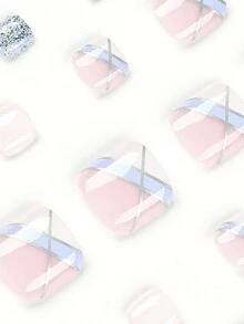 24 件蓝色和白色法式渐变闪光线条纯色假脚趾甲，带 1 个指甲锉，用于修指甲 - 彩色 - 查看 4