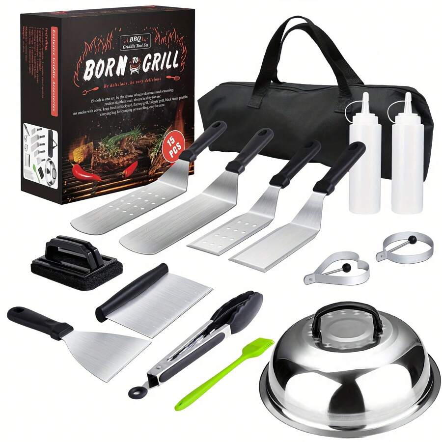 Iseyyox 15 Pcs Griddle Accessories,Flat Top Grill Accessories Kit For Blackstone And Camp,Stainless Steel BBQ Accessories With Spatula, Basting Cover,Tongs,Egg Mold & Carry Bag For Outdoor BBQ Teppanyaki - 黑色 - 查看 1