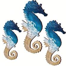 Mediterranean Style Seahorse Wall Decoration 3 Pieces Set, Reusable Wooden Nautical Artwork For Home Decor,Home Decor ,Room Decor,Wall Decor Gifts Birthday Graduation - Baby Blue - View 2